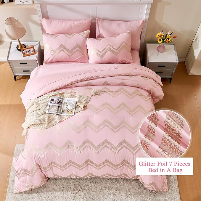 Wowelife 6 Pieces Pink Twin/Twin XL Comforter Set for Girls Kids Twin Bedding Sets Gold Glitter Foil Bed in A Bag with Comforter, Flat Sheet, Fitted Sheet, 2 Pillow Shams and 1 Pillowcase - LeafyLoom