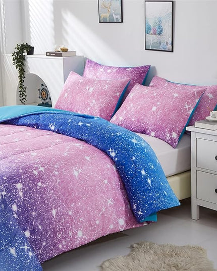 Purple Glitter Comforter Set Twin Size for Girls, Sparkle Galaxy Twinkle Starlight Comforter for Twin(2-Piece) - LeafyLoom