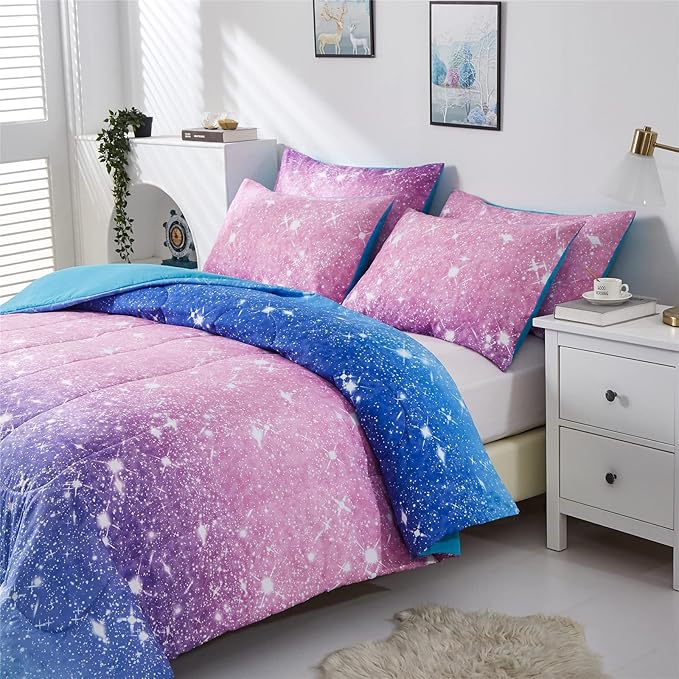 Purple Glitter Comforter Set Twin Size for Girls, Sparkle Galaxy Twinkle Starlight Comforter for Twin(2-Piece) - LeafyLoom