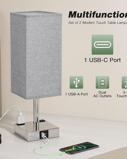 aooshine Gray Set of 2 Touch Lamp with USB Port-Nightstand Lamp with USB-C+A Charge Ports& AC Outlets, 3-Way Dimmable Bedside Lamp with Shade,Small Table Lamp for Bedroom Living Room(Bulb Included) - LeafyLoom
