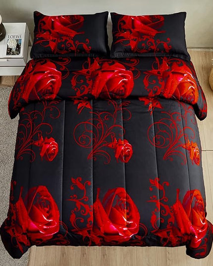 Red Comforter Set Full Reversible Red Rose Pattern Printed Bedding Down Comforter with 2 Pillowcases for All Seasons, Soft Microfiber Lightweight Bedding Set,Full(80"x90") - LeafyLoom