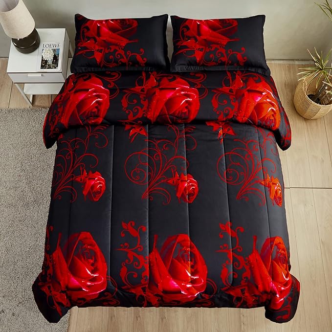 Red Comforter Set Full Reversible Red Rose Pattern Printed Bedding Down Comforter with 2 Pillowcases for All Seasons, Soft Microfiber Lightweight Bedding Set,Full(80"x90") - LeafyLoom