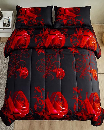 WONGS BEDDING Red Comforter Set Queen Reversible Red Rose Pattern Printed Bedding Down Comforter with 2 Pillowcases for All Seasons, Soft Microfiber Lightweight Bedding Set 90"x90" - LeafyLoom