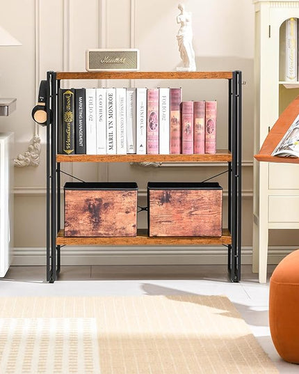 HCHQHS Bookshelf, 3-Tier Industrial Bookcase, Rustic Open Book Shelf, Freestanding Horizontal Bookshelves with Metal Frame - LeafyLoom