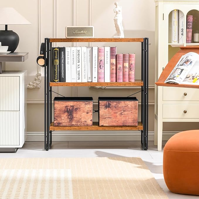 HCHQHS Bookshelf, 3-Tier Industrial Bookcase, Rustic Open Book Shelf, Freestanding Horizontal Bookshelves with Metal Frame - LeafyLoom
