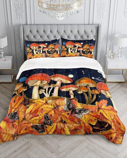 Galaxy Mushroom Comforter Set Queen Size Kids Mushroom Butterfly Bedding Set Leaves Quilt Bed Set for Boys Girls Adults with 1 Comforter and 2 Pillowcases - LeafyLoom