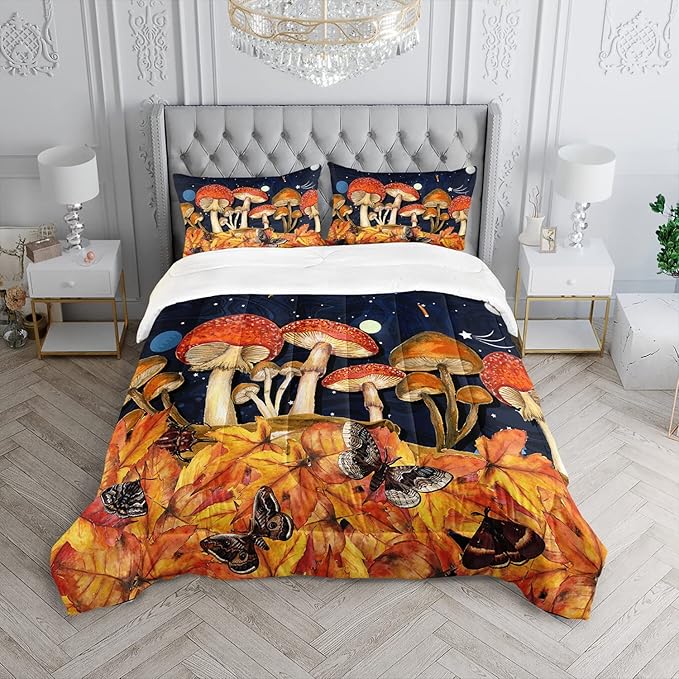 Galaxy Mushroom Comforter Set Twin Size Kids Mushroom Butterfly Bedding Set Leaves Quilt Bed Set for Boys Girls Adults with 1 Comforter and 2 Pillowcases - LeafyLoom