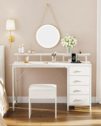 47 Inch Computer Desk with Power Outlets and LED Lights, Gaming Desk with 4 Drawers, Office Desk with Monitor Stand, Study Desk Work Desk for Home Office, Small Spaces, White - LeafyLoom