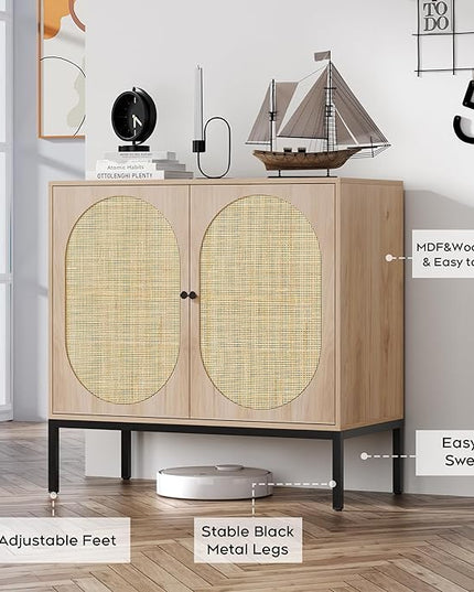 Brafab Set of 2 Rattan Cabinet Buffet Cabinet, Sideboard Cabinet with Natural Rattan Decorated Doors, Accent Cabinet, for Living Room, Entryway, Bedroom, Dining Room/Oval Doors Natural - LeafyLoom