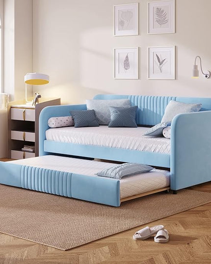 Upholstered Twin Size Daybed with Trundle, Backrest and Armrests, Modern Velvet Day Bed Frame for Bedroom Guestroom Living Room, Wood Slats Support, Light Blue - LeafyLoom