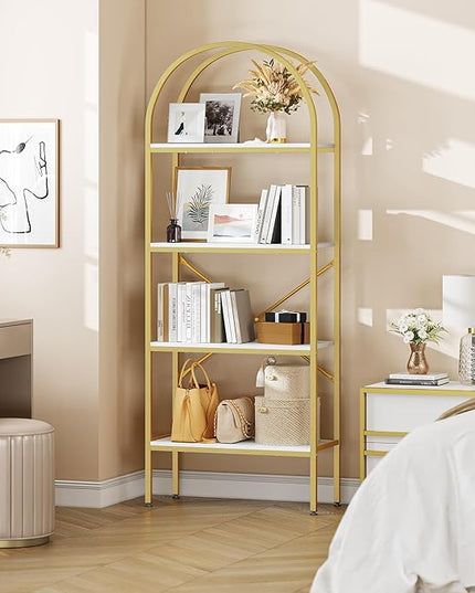 YITAHOME Gold Bookshelf and Bookcase, 71.3” Tall Modern Open Arched Book Shelf, 4-Tier Freestanding Storage Display Rack Shelves for Bedroom,Living Room,Office,Kitchen, White&Gold - LeafyLoom