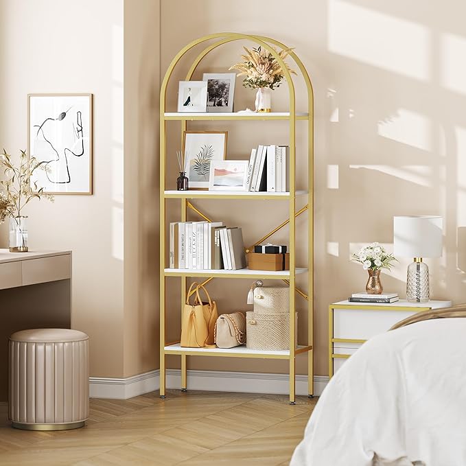 YITAHOME Gold Bookshelf and Bookcase, 71.3” Tall Modern Open Arched Book Shelf, 4-Tier Freestanding Storage Display Rack Shelves for Bedroom,Living Room,Office,Kitchen, White&Gold - LeafyLoom