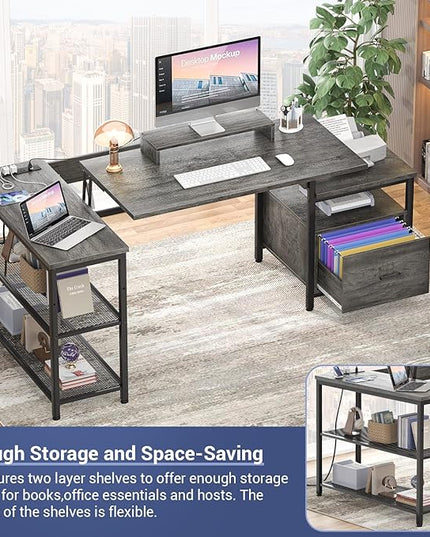 Aheaplus L Shaped Desk with Power Outlet, Standing Home Office Desk with Lift Top and File Drawer, 63'' Corner Computer Desk with Monitor Stand&Printer Shelves, Gaming Desk with Led Lights, Grey Oak - LeafyLoom