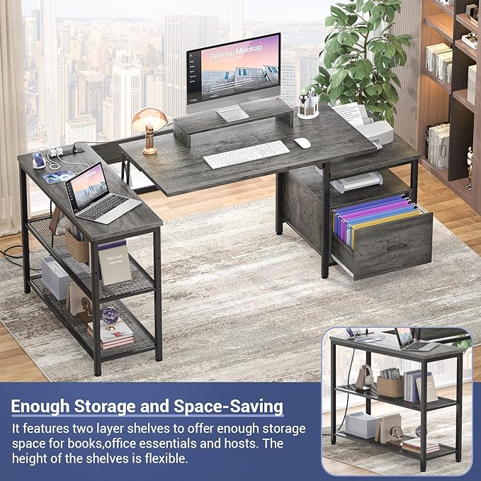 Aheaplus L Shaped Desk with Power Outlet, Standing Home Office Desk with Lift Top and File Drawer, 63'' Corner Computer Desk with Monitor Stand&Printer Shelves, Gaming Desk with Led Lights, Grey Oak - LeafyLoom