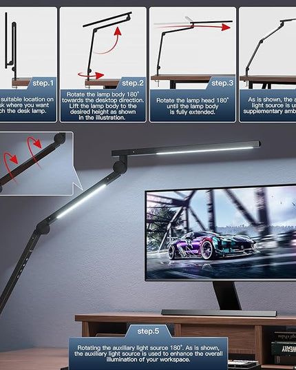 Desk Lamp, Desk Light with Clamp, Stepless Dimming & Adjustable Color Temperature Modern Eye-Caring Architect Lamp with Memory & Timing Function for Study, Work, Home, Office, 15W - LeafyLoom