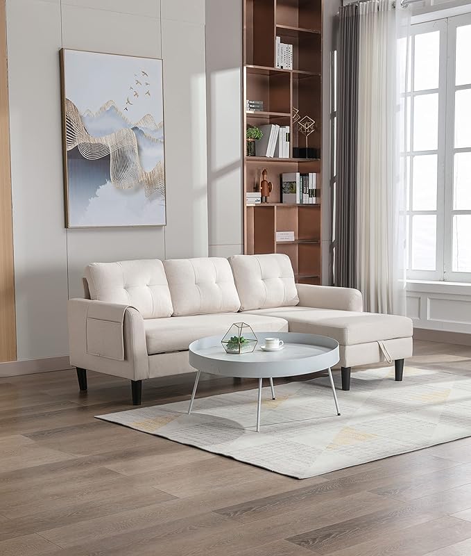72.44" L-Shaped Reversible Sectional Sofa w/Pull Out Bed & Storage Chaise Lounge,Interior Furniture Comfy Sleeper Corner Couch with 3 Throw Pillows and Pockets,for Dorm,Apartment, Beige-1 - LeafyLoom