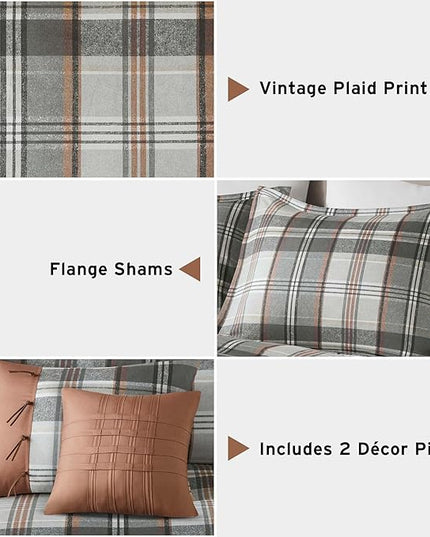 Intelligent Design Queen Comforter Set Plaid Classic Cabin Lodge Comforter Queen Size, Modern Casual, Lightweight All Season Bedding Set Queen, Sham, Décor Pillows, Blake, Full/Queen, Tan/Gray 5 Piece - LeafyLoom