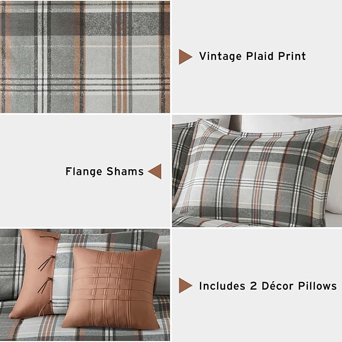 Intelligent Design Queen Comforter Set Plaid Classic Cabin Lodge Comforter Queen Size, Modern Casual, Lightweight All Season Bedding Set Queen, Sham, Décor Pillows, Blake, Full/Queen, Tan/Gray 5 Piece - LeafyLoom