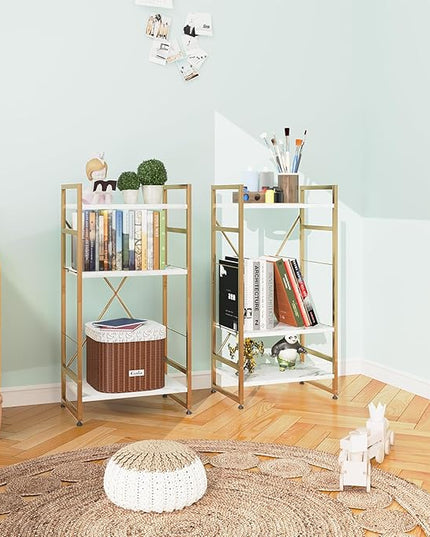 Bookshelf Organizer,3 Tiers Adjustable White Faux Marble Small Bookcase for Small Space,Industrial Wooden Storage Bookcase Display Rack and Storage Organizer for Living Room Home Office(Glod - LeafyLoom
