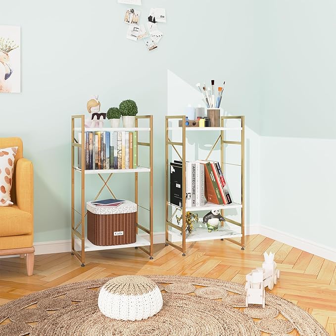 Bookshelf Organizer,3 Tiers Adjustable White Faux Marble Small Bookcase for Small Space,Industrial Wooden Storage Bookcase Display Rack and Storage Organizer for Living Room Home Office(Glod - LeafyLoom