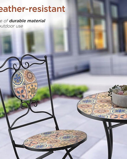 Alpine Corporation Indoor/Outdoor Mediterranean Tile Design Set Table and Chairs Patio Seating - LeafyLoom