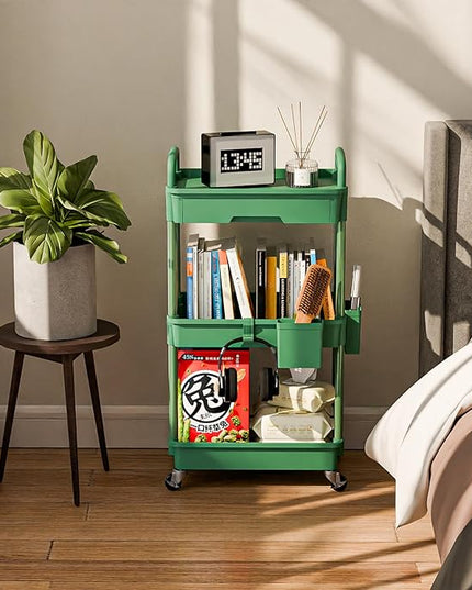3 Tier Small Rolling Cart Organizer,Laundry Room Bathroom Organizers and Storage Office Shelves Mobile Shelving Unit Kitchen Trolley Cart with Wheels for Art,Craft,Diaper,Bedside,Snack(Green) - LeafyLoom