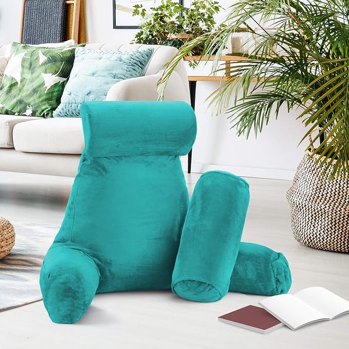 Clara Clark Reading Pillow, Large Back Pillow for Sitting Up in Bed, Memory Foam Back Support Pillow, Reading Pillows for Sitting in Bed Adult, Teal Sit Up Pillow for Bed Chair with Arms and Pockets - LeafyLoom