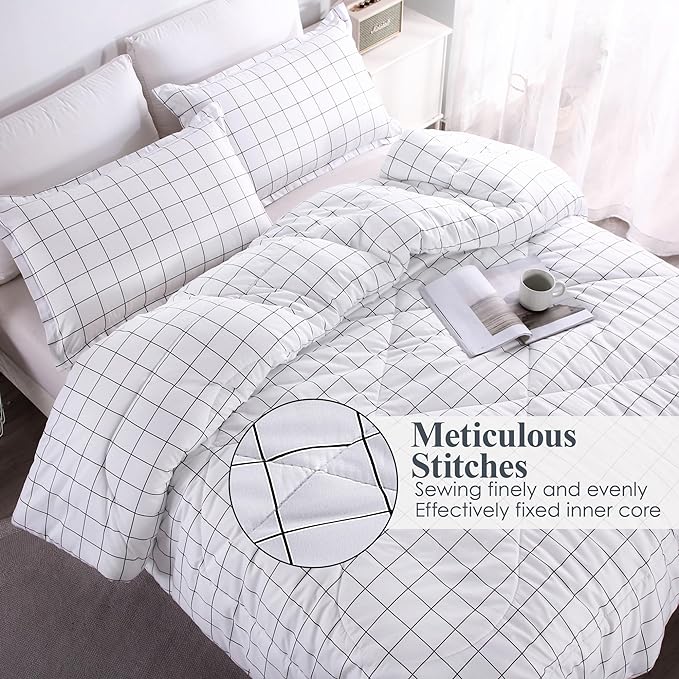 Andency White Grid Comforter Set King Size (104x90 Inch), 3 Pieces(1 Grid Comforter and 2 Pillowcases), Summer Lightweight Microfiber Down Alternative White Comforter with Black Lines - LeafyLoom