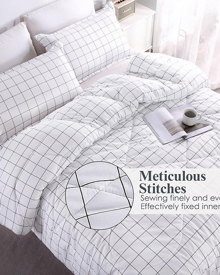 Andency White Grid Comforter Set Twin Size (66x90 Inch), 2 Pieces(1 Grid Comforter and 1 Pillowcase), Summer Lightweight Microfiber Down Alternative White Comforter with Black Lines for Kids Girls - LeafyLoom