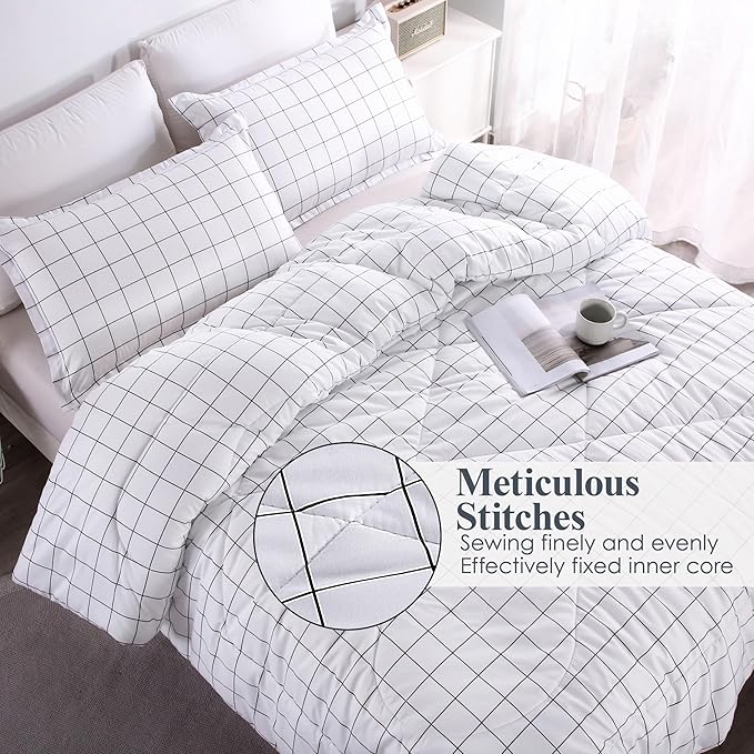 Andency White Grid Comforter Set Twin Size (66x90 Inch), 2 Pieces(1 Grid Comforter and 1 Pillowcase), Summer Lightweight Microfiber Down Alternative White Comforter with Black Lines for Kids Girls - LeafyLoom