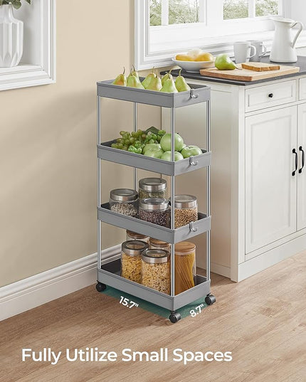 SONGMICS Slim Storage Cart, 4-Tier Rolling Cart, Narrow Utility Cart on Wheels, 6 Hooks, 360° Swivel Wheels, Lockable, Steel Frame, Bathroom, Kitchen, Office, Dove Gray UKSC010G01 - LeafyLoom