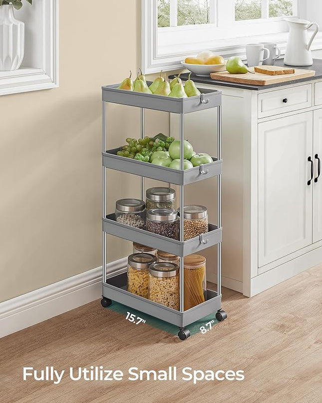 SONGMICS Slim Storage Cart, 4-Tier Rolling Cart, Narrow Utility Cart on Wheels, 6 Hooks, 360° Swivel Wheels, Lockable, Steel Frame, Bathroom, Kitchen, Office, Dove Gray UKSC010G01 - LeafyLoom