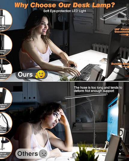 LED Desk Lamp for Office Home, Eye-Caring Desk Light with Stepless Dimming Adjustable Flexible Gooseneck, 10W USB Adapter Desk Lamp with Clamp for Reading, Study, Workbench (Black) - LeafyLoom