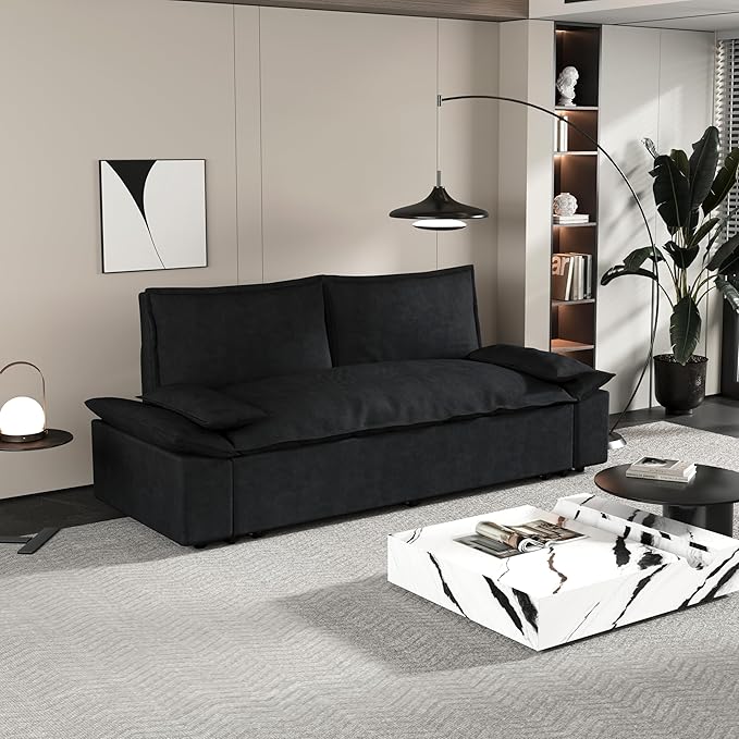 3 in 1 Oversized Love Seat Sofá Convertible Queen Size Sofabed with 2 Lumbar Pillows, Loveseat Sofa W/Pull Out Sleeper Couch Bed for Home,Office,Apartment,RV Living Room, 70.1", Black - LeafyLoom