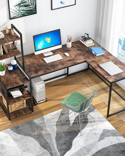 79 Inch Reversible L-Shaped Desk, Large Corner Computer Desk with 5 Tier Storage Shelves - LeafyLoom