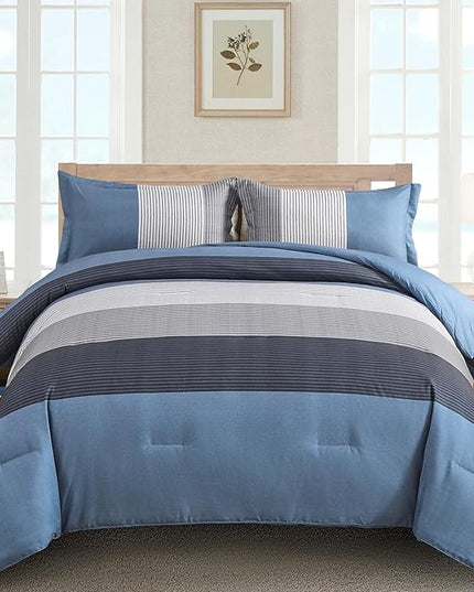 Comforter Set King Size, Reversible Blue Grey Striped Patchwork Down Alternative Comforter for Queen Bed,3 Pieces (1 Comforter+2 Pillowcases), Soft Microfiber Bedding Duvet Insert Set 104"×90" - LeafyLoom