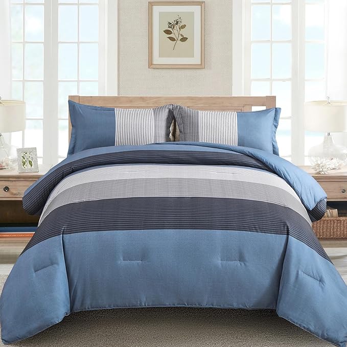 Comforter Set King Size, Reversible Blue Grey Striped Patchwork Down Alternative Comforter for Queen Bed,3 Pieces (1 Comforter+2 Pillowcases), Soft Microfiber Bedding Duvet Insert Set 104"×90" - LeafyLoom