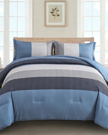WONGS BEDDING Comforter Set Queen Size, Reversible Blue Grey Striped Patchwork Alternative Comforter for Queen Bed,3 Pieces (1 Comforter+2 Pillowcases), Soft Microfiber Bedding Duvet Set 90”×90” - LeafyLoom