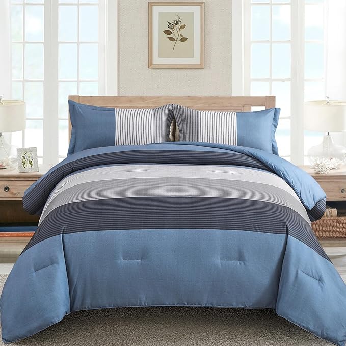 WONGS BEDDING Comforter Set Queen Size, Reversible Blue Grey Striped Patchwork Alternative Comforter for Queen Bed,3 Pieces (1 Comforter+2 Pillowcases), Soft Microfiber Bedding Duvet Set 90”×90” - LeafyLoom