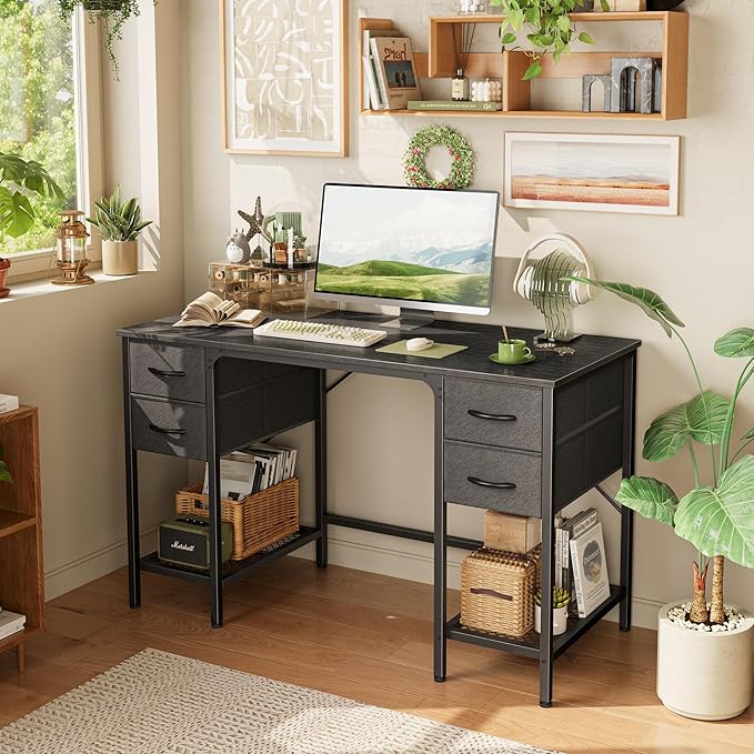 47 Inch Computer Desk with 4 Drawers, Office Desk with Mesh Shelf, Gaming Desk, Large Storage, Writing Desk Work Desk for Home Office, Study, Bedroom, Work from Home, Black - LeafyLoom