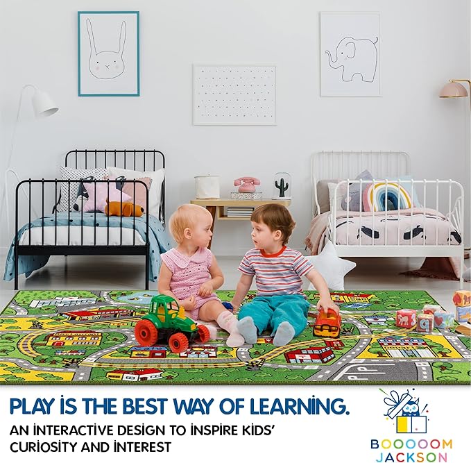 Jackson Car Mat for Kids Toy Cars,52"x 74" Train Rug Play Mat with Non-slip Backing, Kids Car Rug Play Mat for Playroom Large Car Rug Train Rug Play Mat for Children - LeafyLoom