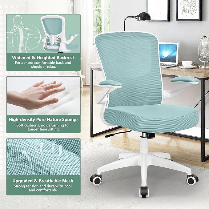 MINLOVE Office Chair Ergonomic Desk Chair with Lumbar Support and Height, Rolling Swivel Desk Chair with Wheels and Flip-up Arms, Breathable Mesh Executive Computer Chair for Home Office(Light Blue) - LeafyLoom