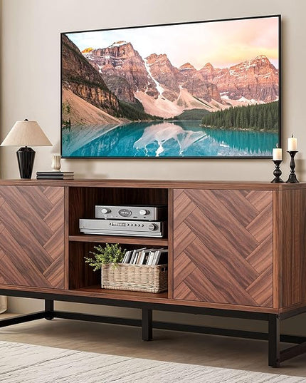YITAHOME TV Cabinet for 55 Inch TV, Mid Century Modern TV Stand with Storage Cabinet & Adjustable Shelf, Entertainment Cabinet Media TV Console with Natural Oak Finish for Living Room, Walnut - LeafyLoom