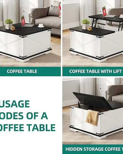 YITAHOME Farmhouse Lift Top Coffee Table, Square Wood Center Table with Large Hidden Storage Compartment for Living Room, Rustic Cocktail Table with Lift Top for Home Office,White - LeafyLoom