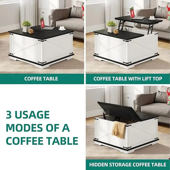 YITAHOME Farmhouse Lift Top Coffee Table, Square Wood Center Table with Large Hidden Storage Compartment for Living Room, Rustic Cocktail Table with Lift Top for Home Office,White - LeafyLoom
