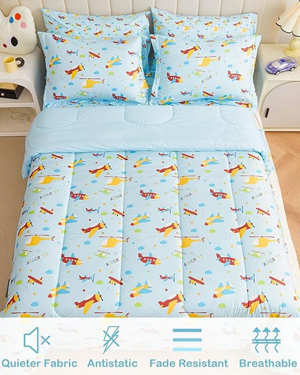 Mooreeke Bed in a Bag for Kids Boys Teens, 7 Pieces Full Size Aircraft Print Comforter Bed Set with Shams, Sheet Set, Airplane Blue Super Soft Microfiber Kids Comforter Bedding Set - LeafyLoom