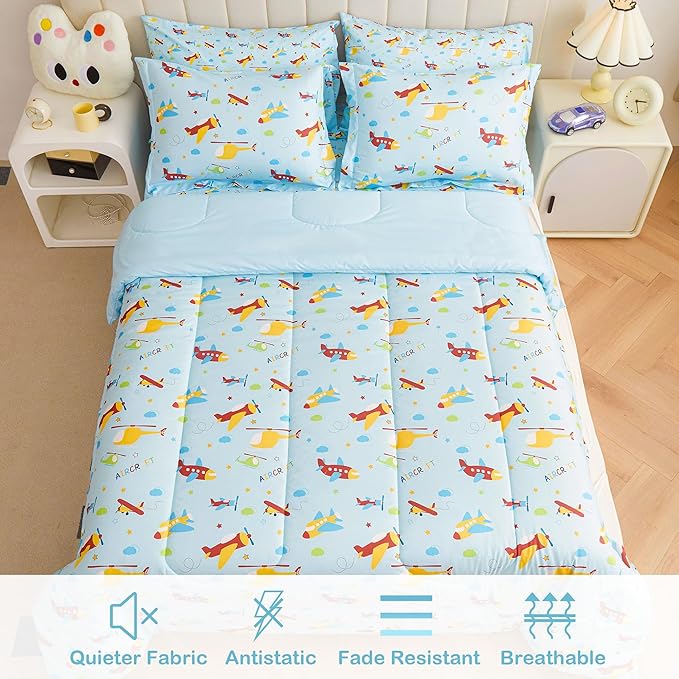 Mooreeke Bed in a Bag for Kids Boys Teens, 7 Pieces Full Size Aircraft Print Comforter Bed Set with Shams, Sheet Set, Airplane Blue Super Soft Microfiber Kids Comforter Bedding Set - LeafyLoom