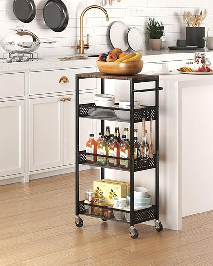 Slim Storage Cart 4 Tier Fruit and Vegetable Baskets for Kitchen Small Space, Narrow Rolling Cart on Wheels with Wooden Top and Metal Handle for Pantry, Bathroom, Laundry Room - LeafyLoom