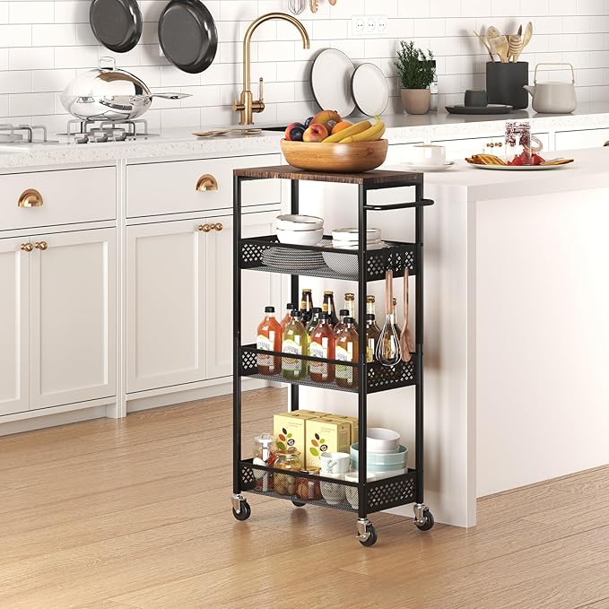 Slim Storage Cart 4 Tier Fruit and Vegetable Baskets for Kitchen Small Space, Narrow Rolling Cart on Wheels with Wooden Top and Metal Handle for Pantry, Bathroom, Laundry Room - LeafyLoom