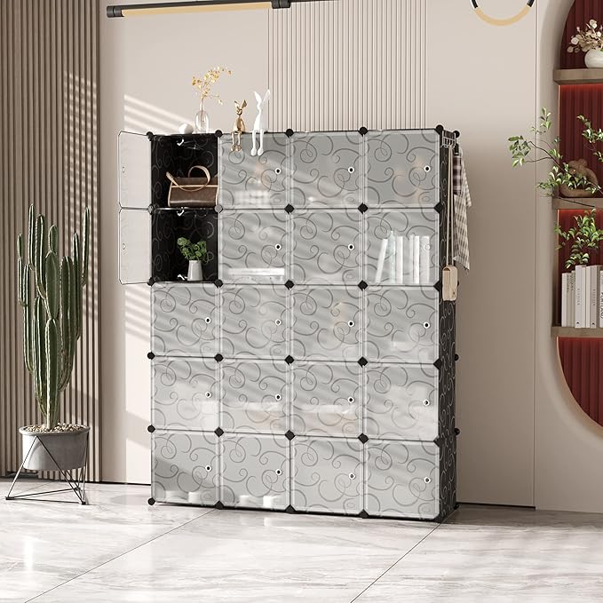 C&AHOME Cube Storage Organizer, 20-Cube Storage Shelving with Doors, Modular Book Shelf, Plastic Shelves Organizing Units, Ideal for Bedroom Living Room 48.4" L × 12.4" W × 60.6" H Black SHS3020B-DOOR - LeafyLoom